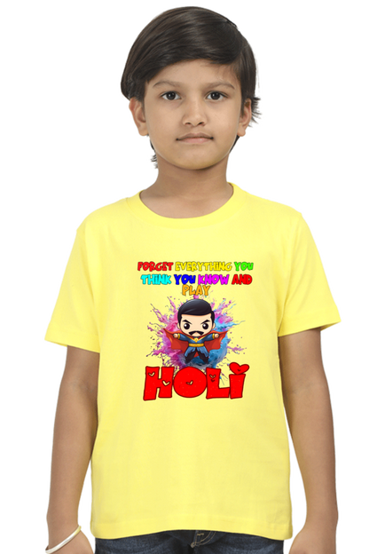 Forget Everything and Play Holi: Boys' Kid Tee with Sorcerer New Yellow