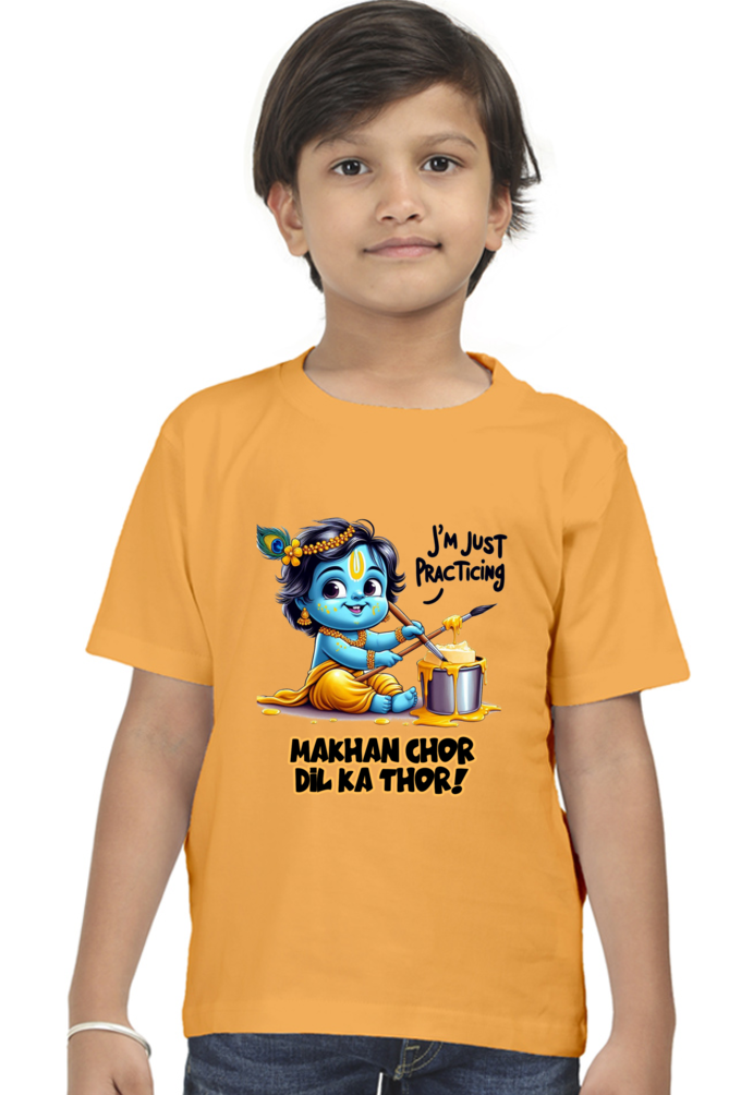 Makhan Chor Dil Ka Thor Janmashtami Boy's T Shirts Golden Yellow