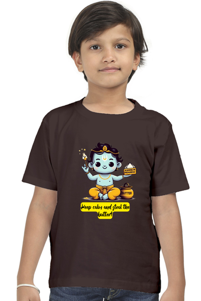 Keep Clam And Steal The Butter Janmashtami Boy's T Shirts Coffee Brown