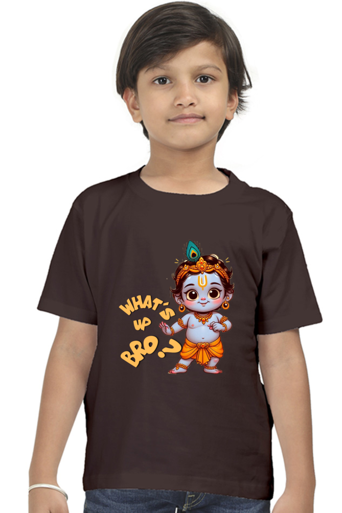 Whats Up Bro? Janmashtami Boy's T Shirts Coffee Brown