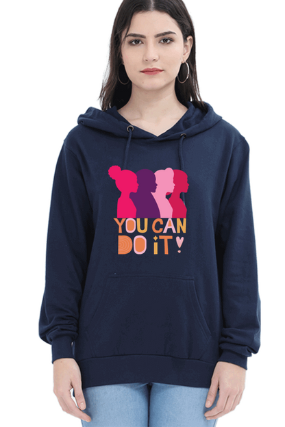 "You Can Do It'" Hooded Sweatshirt for Girls and Women Navy Blue