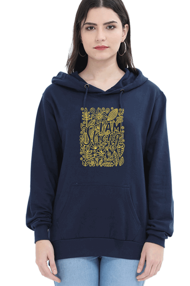 "I am Strong" Hooded Sweatshirt for Girls and Women Navy Blue