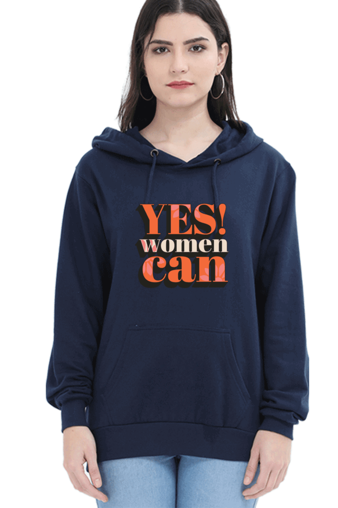 "Yes, Women Can" Hooded Sweatshirt for Girls and Women Navy Blue