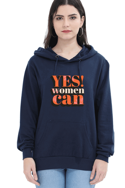 "Yes, Women Can" Hooded Sweatshirt for Girls and Women Navy Blue