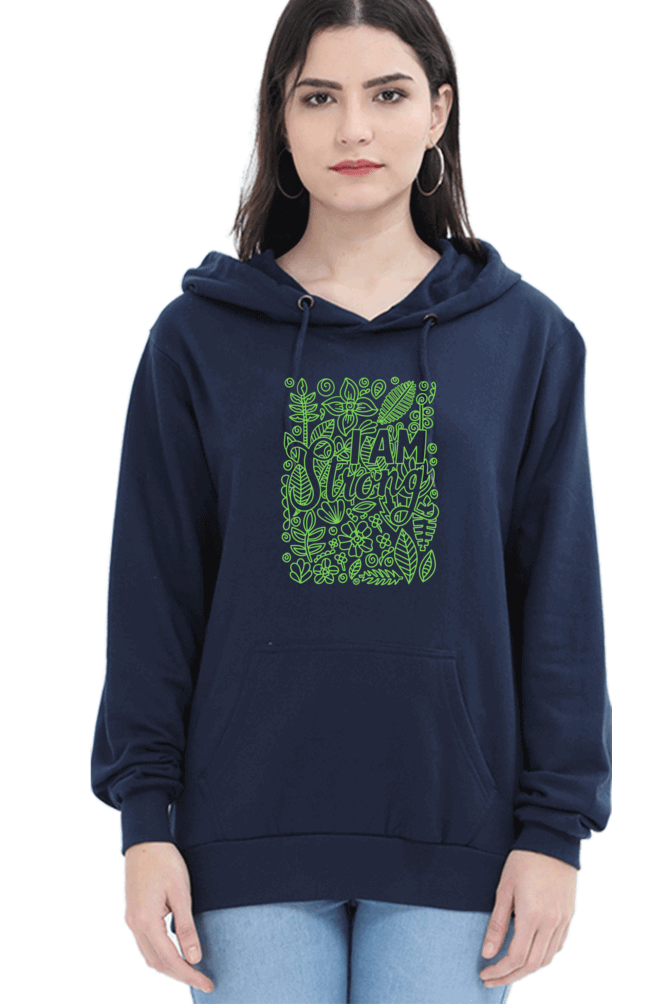 "I am Strong" Hooded Sweatshirt for Girls and Women Navy Blue