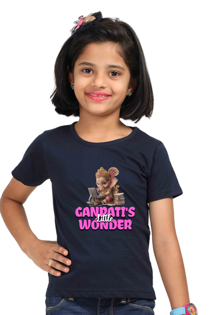 Ganesha's Little Wonder Ganesh Chaturthi Girl's T Shirts Navy Blue