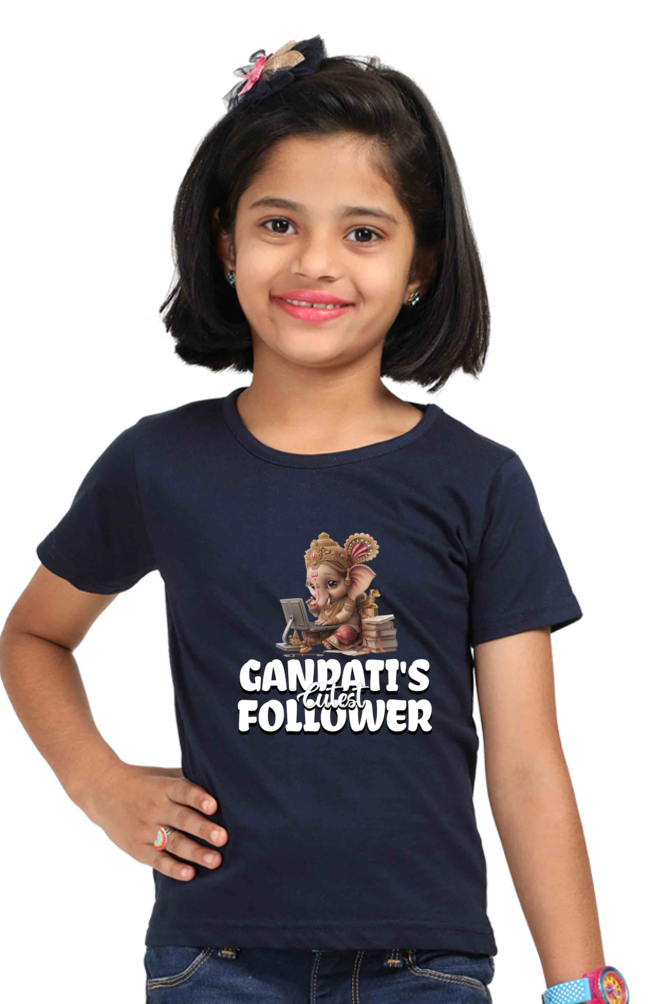 Ganpati's Cutest Follower Ganesh Chaturthi Girl's T Shirts Navy Blue