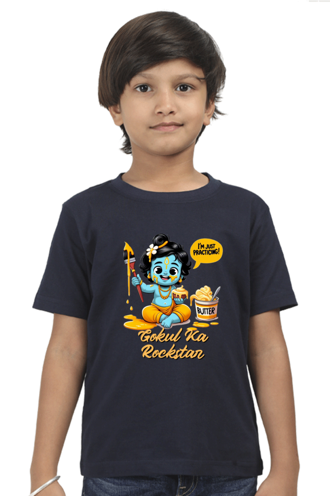 Gokul Ka Rockstar Janmashtami Boy's T Shirts Navy Blue