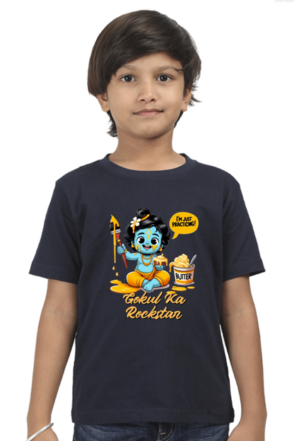 Gokul Ka Rockstar Janmashtami Boy's T Shirts Navy Blue