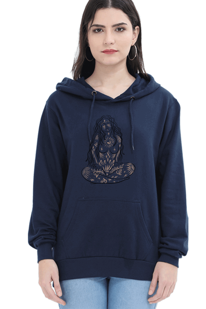 "Cosmic Opulent Intellect" Unisex Hooded Sweatshirt for Girls and Women with Cosmic Harmony Navy Blue