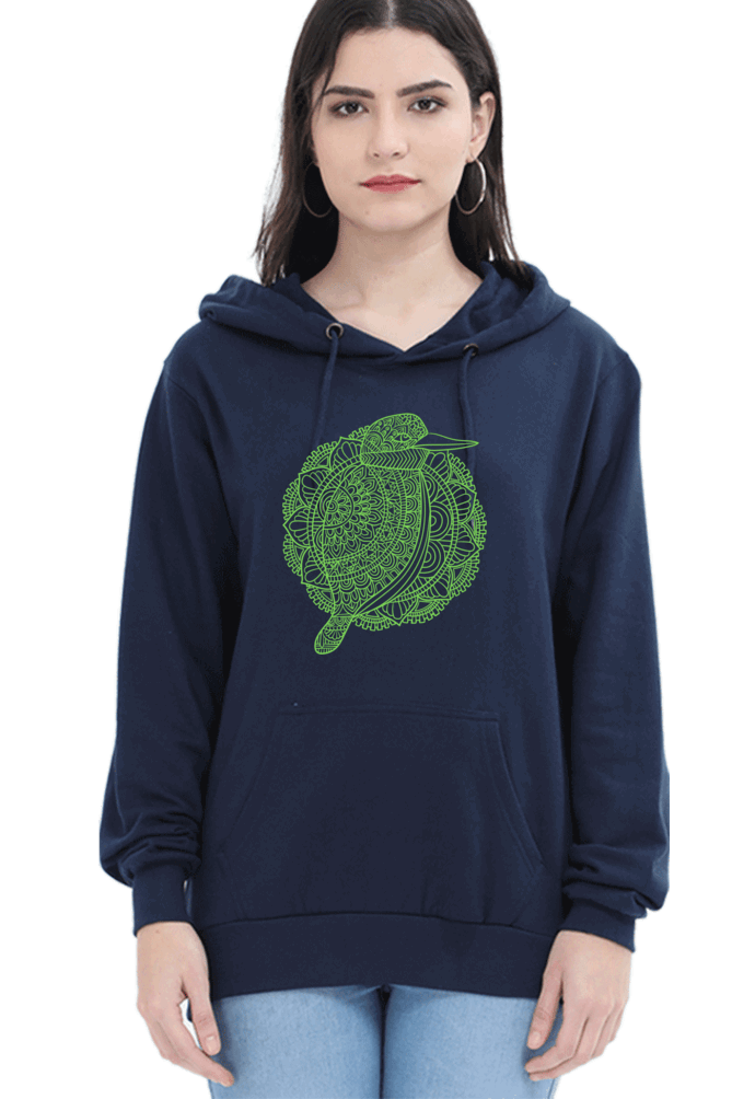 "Green Mandala Bird" Hooded Sweatshirt for Girls and Women Navy Blue