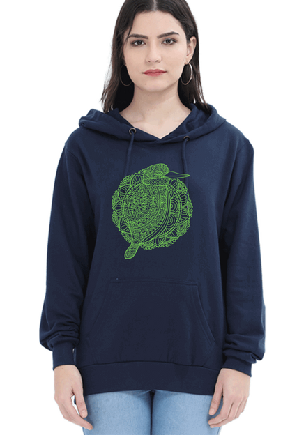 "Green Mandala Bird" Hooded Sweatshirt for Girls and Women Navy Blue