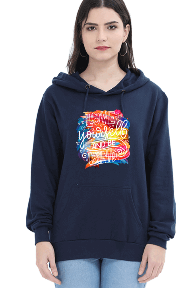 "Love Yourself and Be Kind" Hooded Sweatshirt for Girls and Women Navy Blue