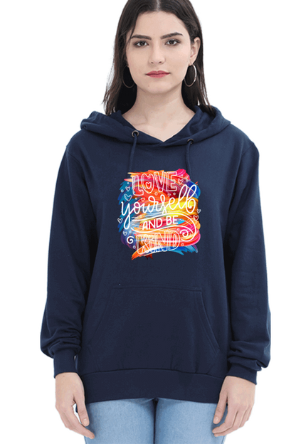 "Love Yourself and Be Kind" Hooded Sweatshirt for Girls and Women Navy Blue