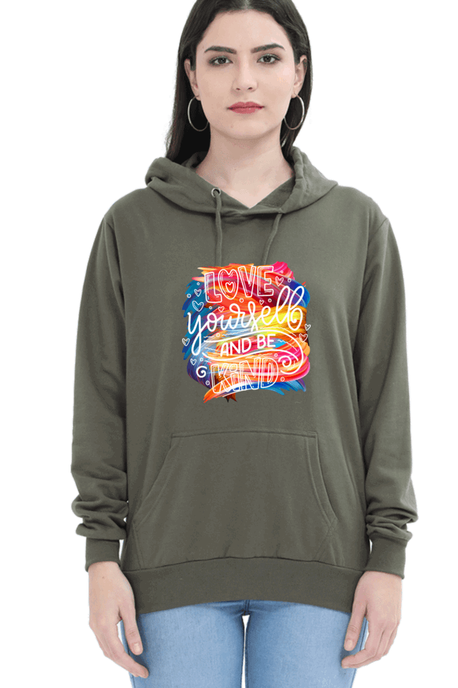 "Love Yourself and Be Kind" Hooded Sweatshirt for Girls and Women Olive Green