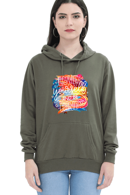 "Love Yourself and Be Kind" Hooded Sweatshirt for Girls and Women Olive Green