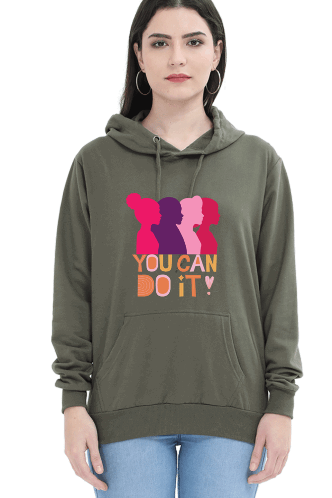 "You Can Do It'" Hooded Sweatshirt for Girls and Women Olive Green