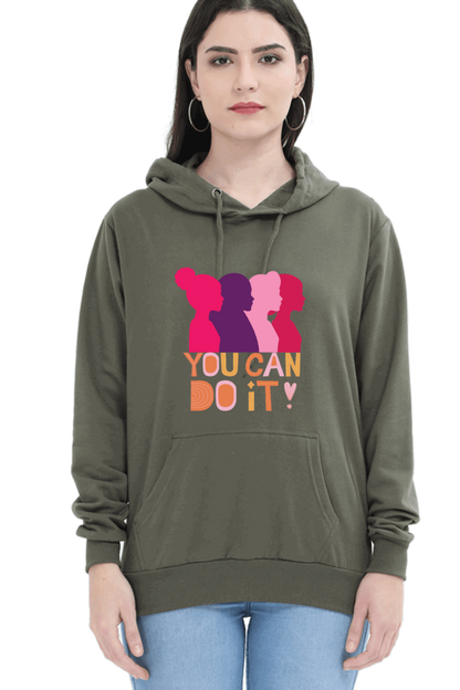 "You Can Do It'" Hooded Sweatshirt for Girls and Women Olive Green