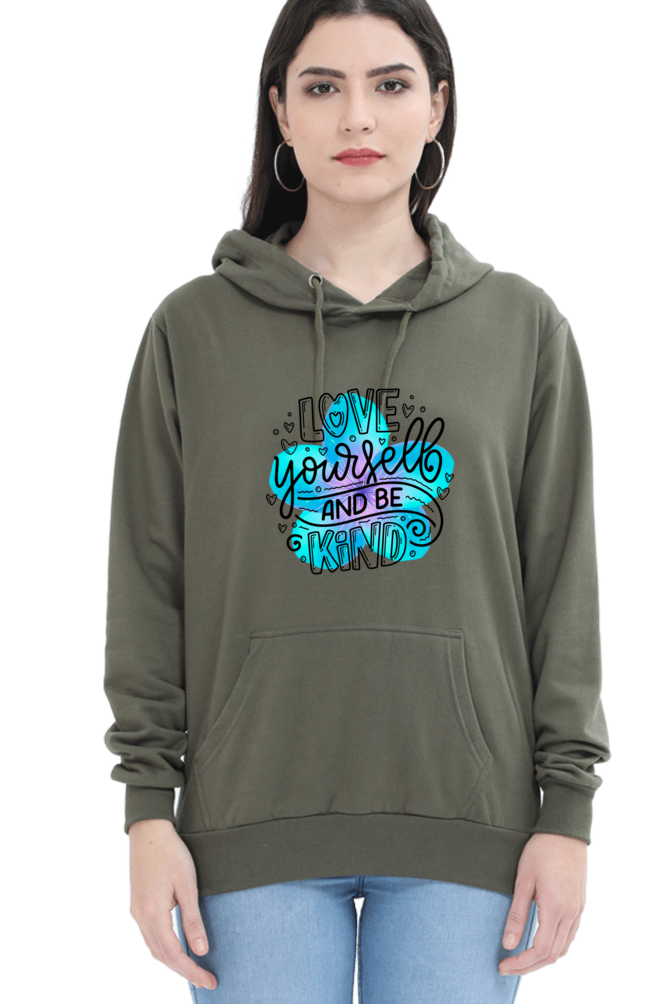 Love Yourself and Be Kind" Hooded Sweatshirt for Girls and Women Olive Green