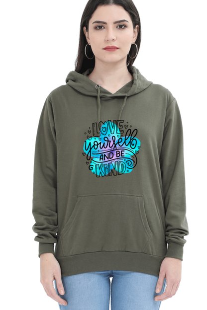 Love Yourself and Be Kind" Hooded Sweatshirt for Girls and Women Olive Green