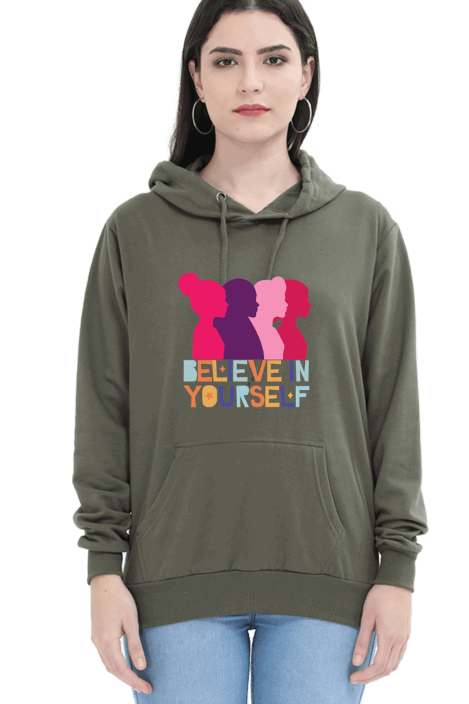 "Believe in Yourself" Hooded Sweatshirt for Girls and Women Olive Green