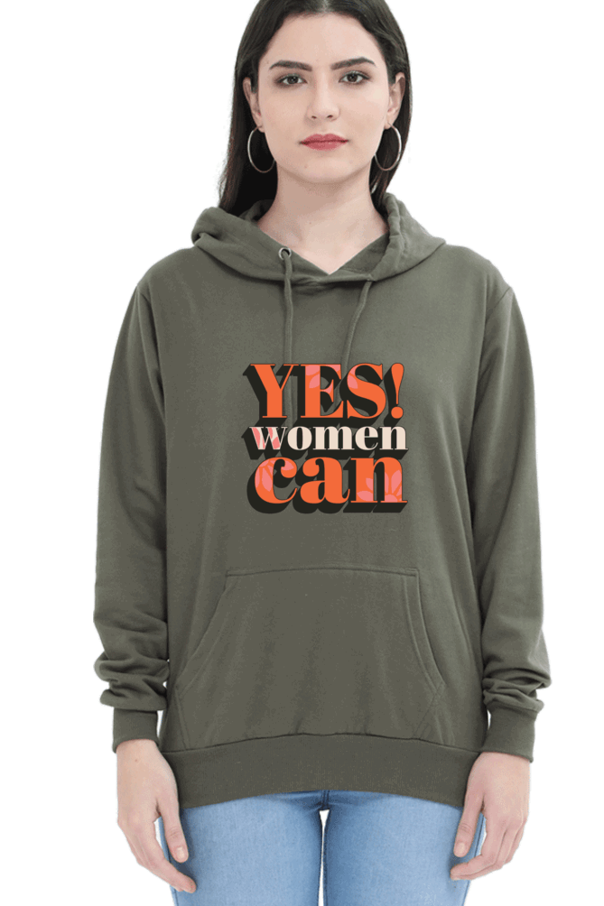 "Yes, Women Can" Hooded Sweatshirt for Girls and Women Olive Green