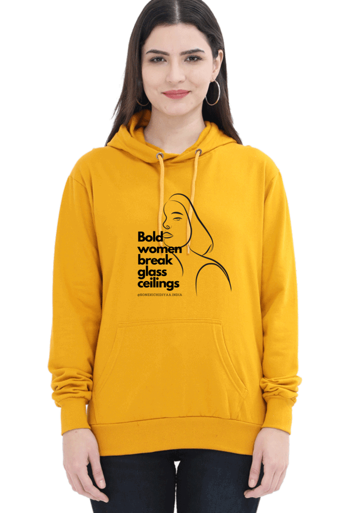 "Bold Women Break Glass Ceilings" Hooded Sweatshirt for Girls and Women Mustard Yellow