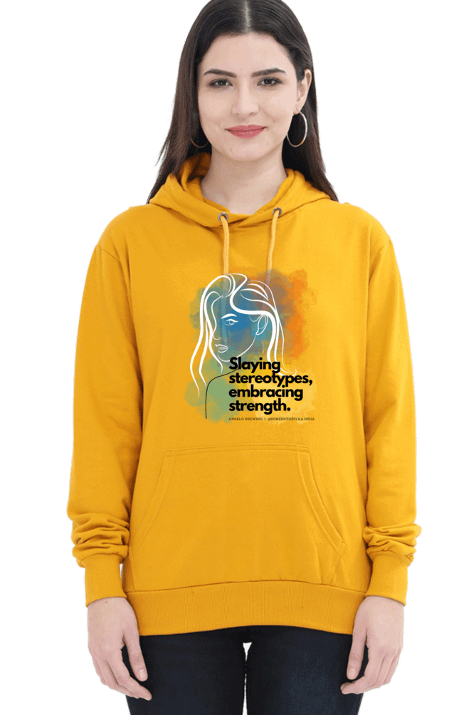 "Slaying Stereotypes, Embracing Strength" Hooded Sweatshirt for Girls and Women Mustard Yellow