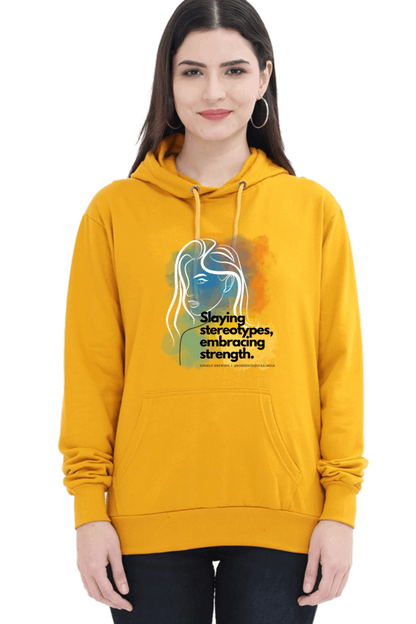 "Slaying Stereotypes, Embracing Strength" Hooded Sweatshirt for Girls and Women Mustard Yellow