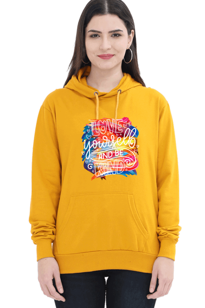 "Love Yourself and Be Kind" Hooded Sweatshirt for Girls and Women Mustard Yellow