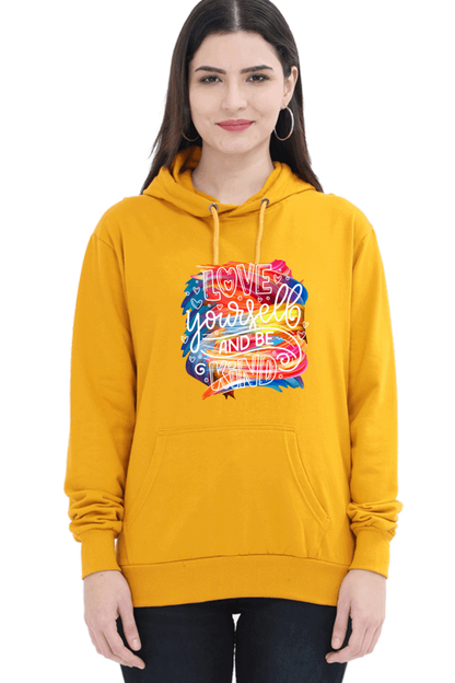 "Love Yourself and Be Kind" Hooded Sweatshirt for Girls and Women Mustard Yellow