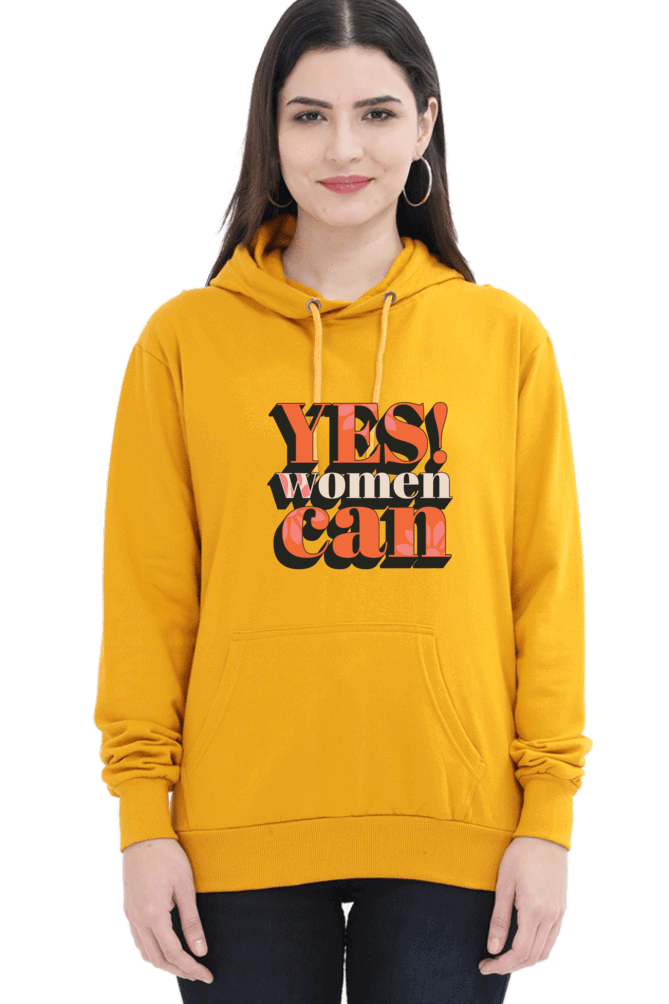 "Yes, Women Can" Hooded Sweatshirt for Girls and Women Mustard Yellow