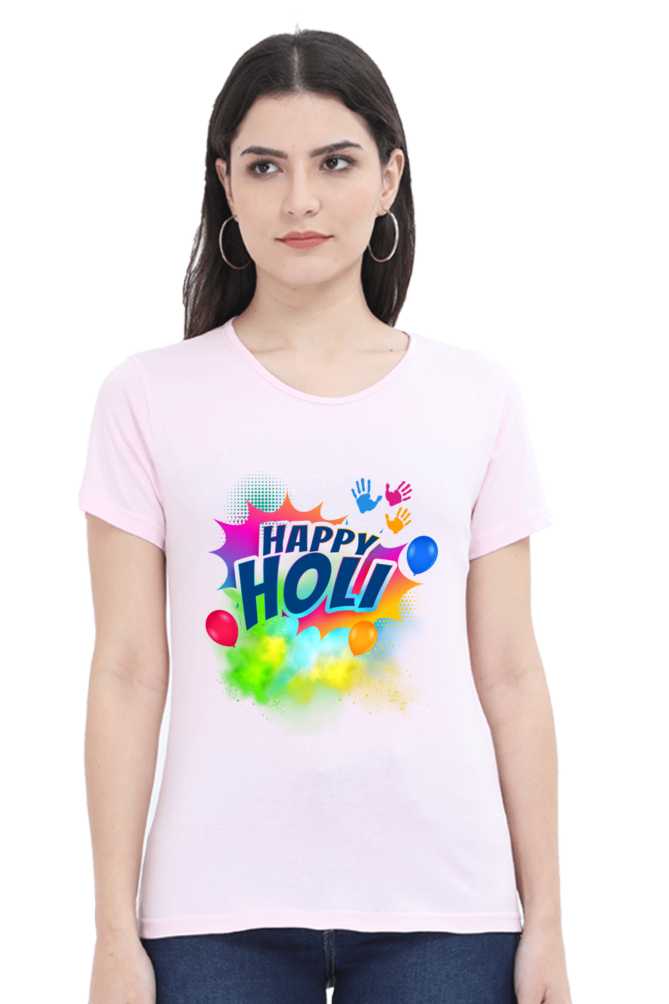 Colorful Holi Celebration: Hand-Stamped Tee Light Baby Pink