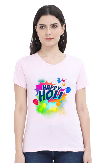 Colorful Holi Celebration: Hand-Stamped Tee Light Baby Pink