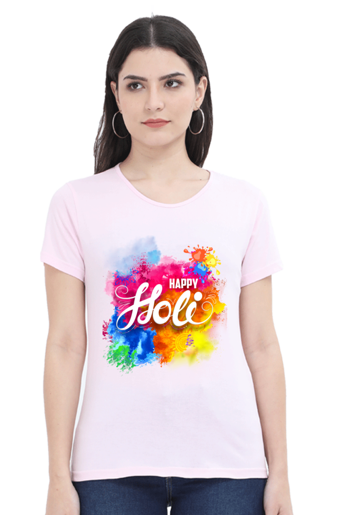 Vibrant Holi Splash: Colorful Background Tee Light Baby Pink