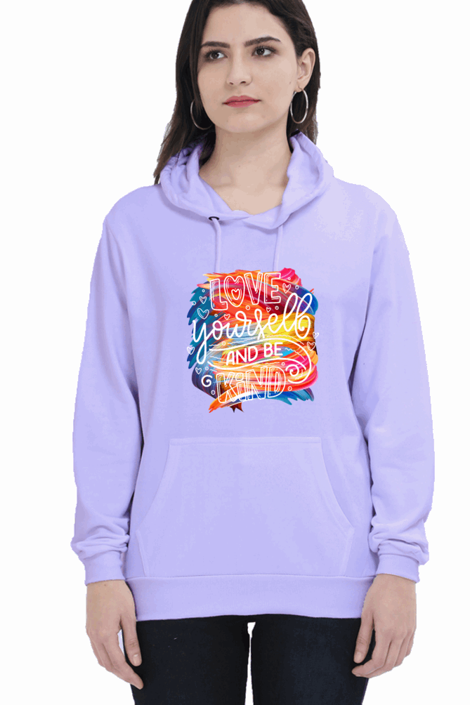 "Love Yourself and Be Kind" Hooded Sweatshirt for Girls and Women Lavender