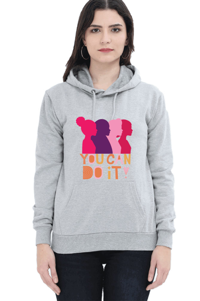 "You Can Do It'" Hooded Sweatshirt for Girls and Women Grey Melange