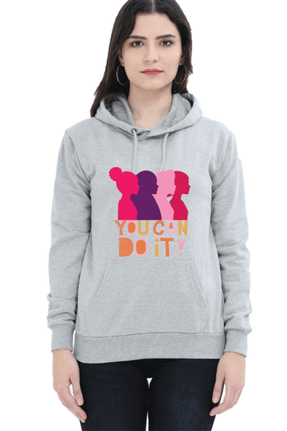 "You Can Do It'" Hooded Sweatshirt for Girls and Women Grey Melange