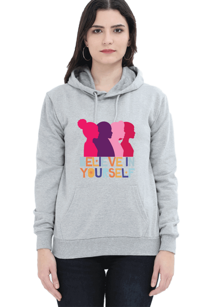 "Believe in Yourself" Hooded Sweatshirt for Girls and Women Grey Melange