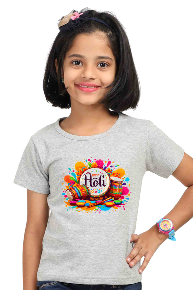 Happy Holi Fun: Girls' Kid Tee with Dhol & Colors Grey Melange