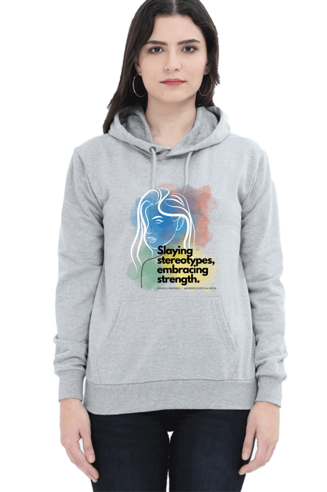 "Slaying Stereotypes, Embracing Strength" Hooded Sweatshirt for Girls and Women Grey Melange