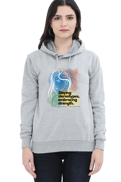 "Slaying Stereotypes, Embracing Strength" Hooded Sweatshirt for Girls and Women Grey Melange