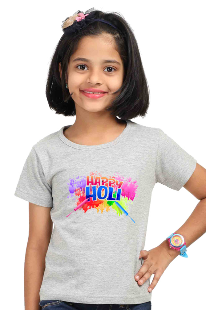 Happy Holi: Pichkari Splash Girls' Tee Grey Melange