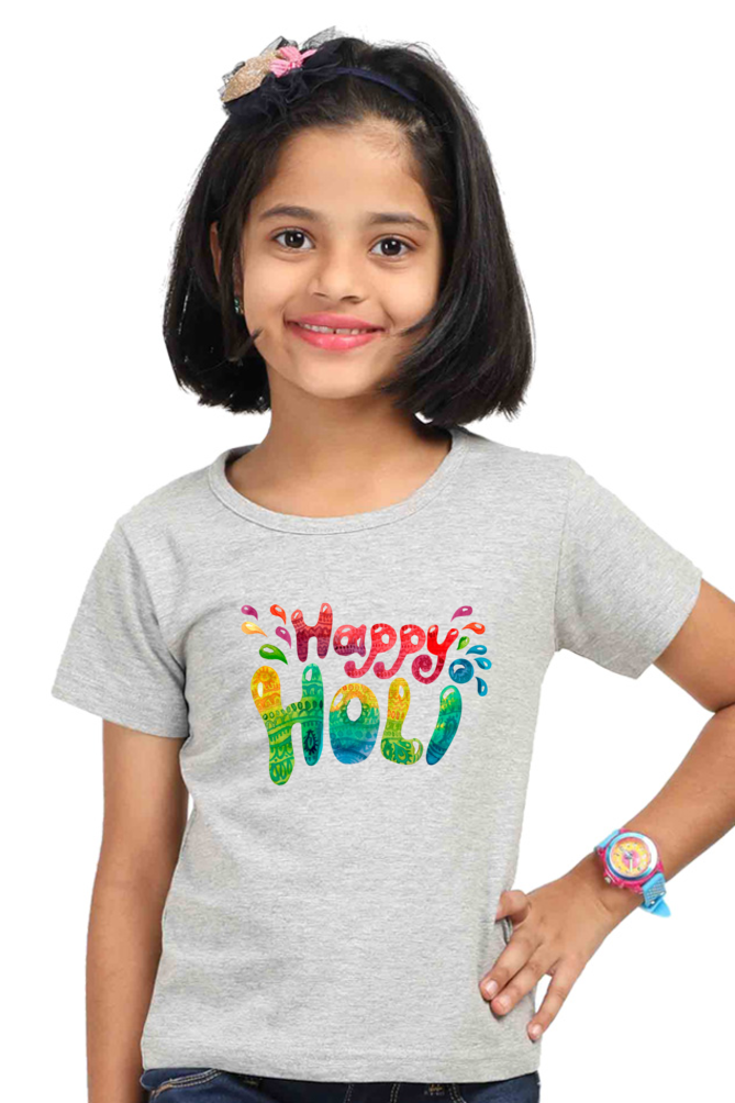 Happy Holi Girls' Tee Grey Melange