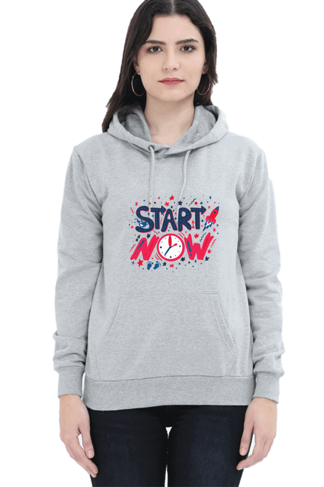 'Start Now' Hooded Sweatshirt for Girls and Women Grey Melange