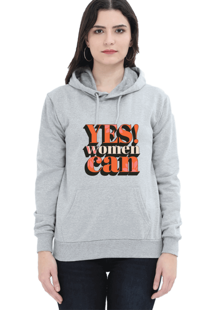 "Yes, Women Can" Hooded Sweatshirt for Girls and Women Grey Melange