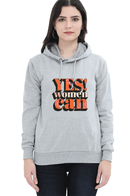 "Yes, Women Can" Hooded Sweatshirt for Girls and Women Grey Melange