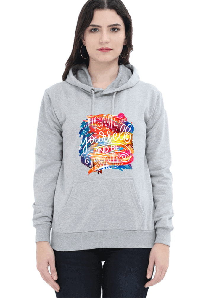 "Love Yourself and Be Kind" Hooded Sweatshirt for Girls and Women Grey Melange