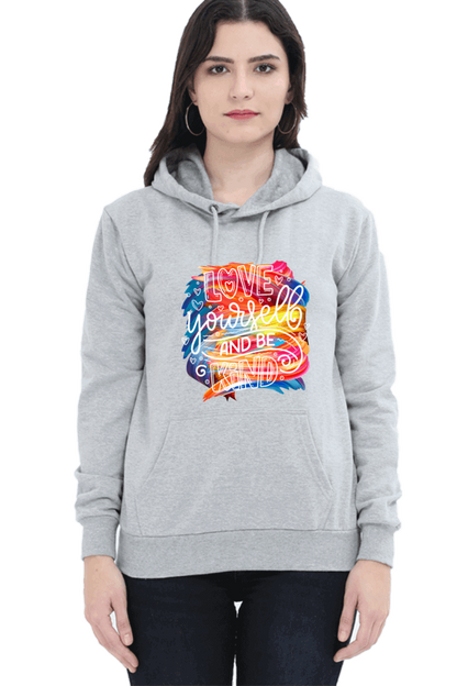 "Love Yourself and Be Kind" Hooded Sweatshirt for Girls and Women Grey Melange