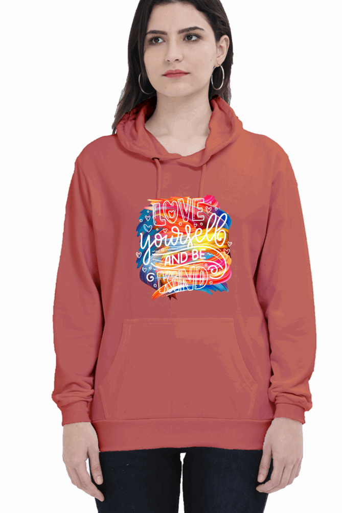 "Love Yourself and Be Kind" Hooded Sweatshirt for Girls and Women Coral